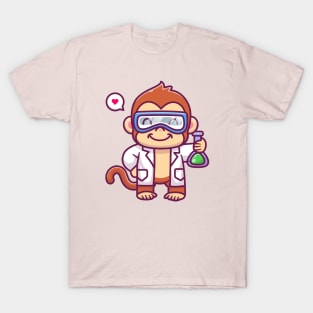 Cute Monkey Scientist Holding Chemical Liquid Cartoon T-Shirt